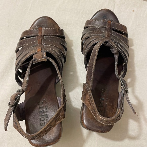 Bedstu Womens Size 7 Leather Strappy Wooden Wedge Sandals Brown - Picture 5 of 13